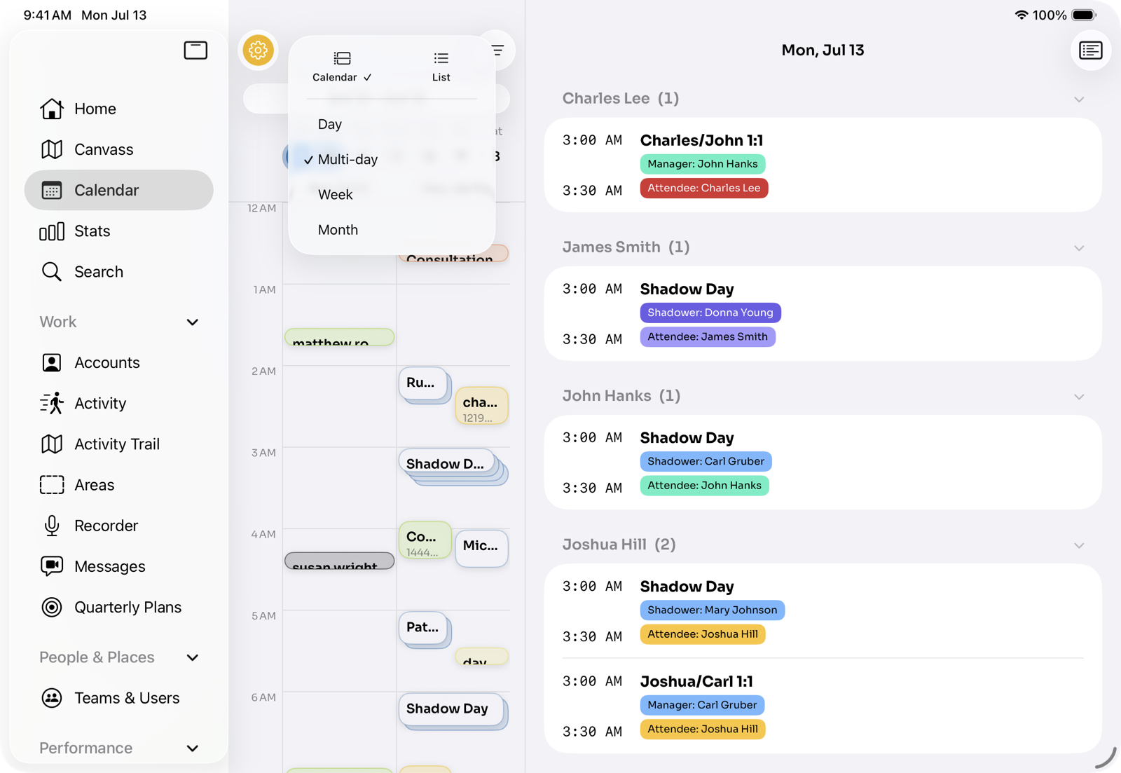 The calendar showing a day’s appointments alongside the view switcher (Day, Multi-day, Week, Month).