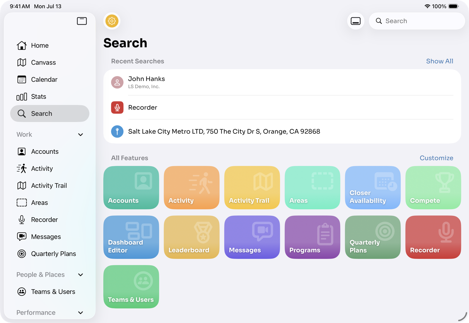 The Search screen: recent searches up top and a grid of color-coded tiles for every feature and page.